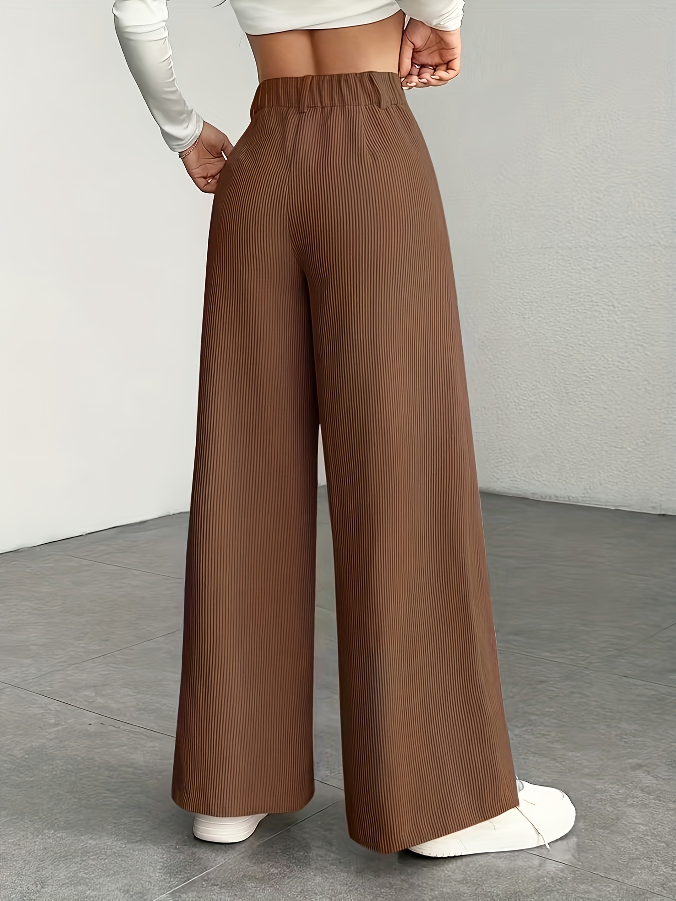 1 Women's High-Waisted Wide-Leg Pants for Autumn/Winter - S-XXL, Corduroy Texture Casual Long Pants with Side Pockets, All-Season Comfort, Machine Washable Beige Trousers - Image 7