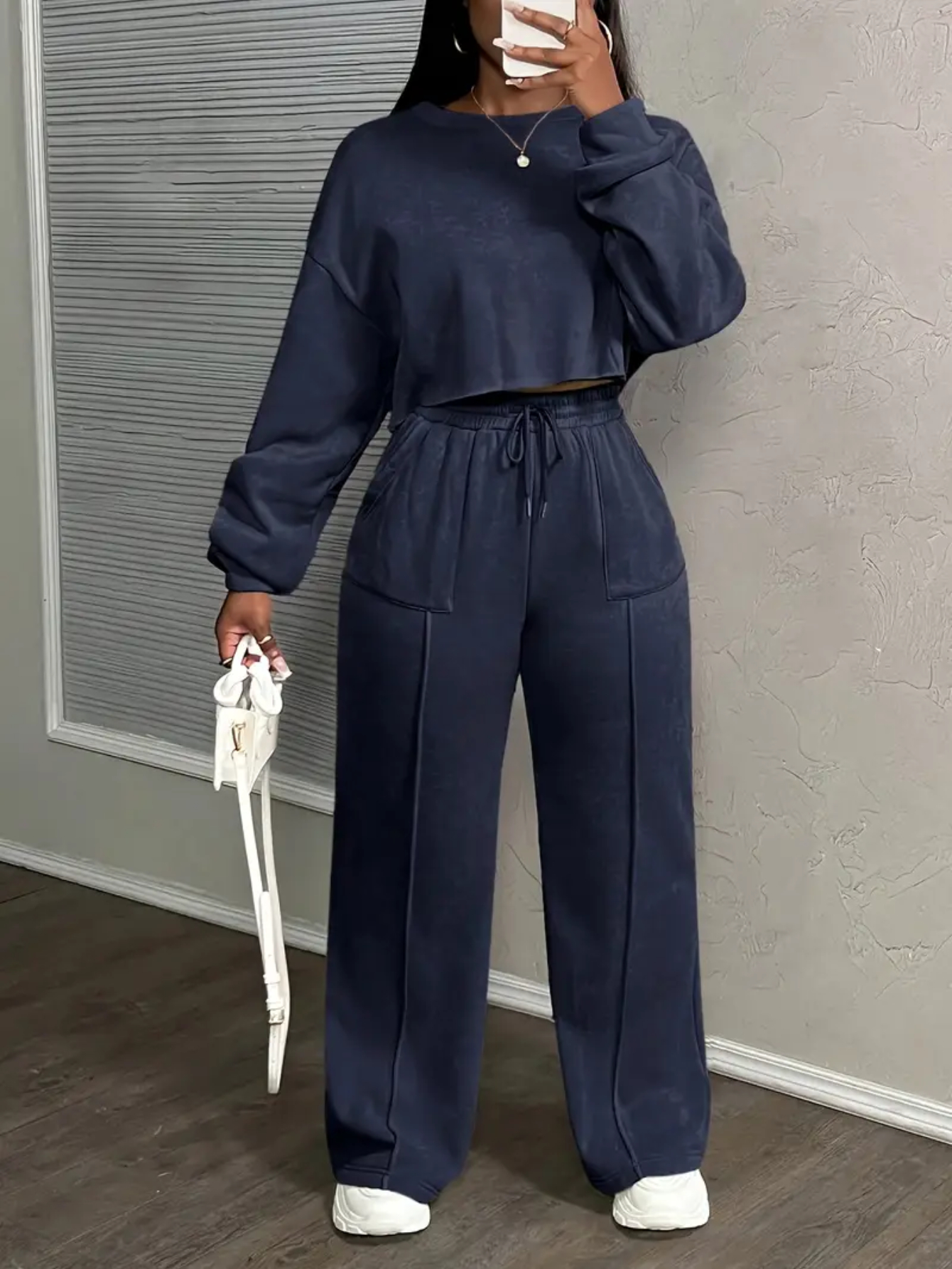 Two - Piece Set: Women's Cropped Pullover Sweatshirt & Wide - Leg Pants | Casual Comfort Style, Effortlessly Stylish with Cropped Design & Wide - Leg Silhouette for Shopping, Loungewear, Daily Casual Occasions