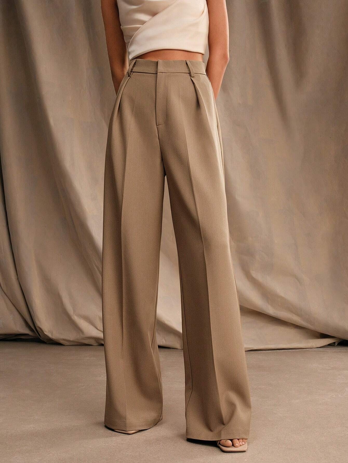 Women's Khaki Houndstooth Wide-Leg Pants - High-Waisted Trousers with Pockets, Elegant Structured Belt (No Elastic), Hand Washable Winter Trousers for Casual & Formal Wear, Office, Parties - Beige Trousers