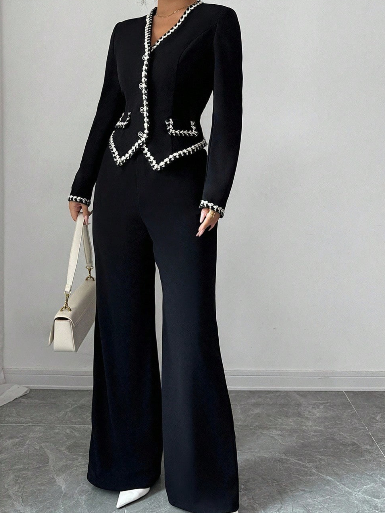 Women'S Elegant Black Two-Piece Set - Structured Waistcoat & Wide-Leg Pants Outfit, Button Front Closure, Formal to Casual Chic Ensemble for Office, Parties, Everyday - Fall/Winter Women'S Clothing, Office Attire, Party Outfit, Sophisticated Look - Image 2