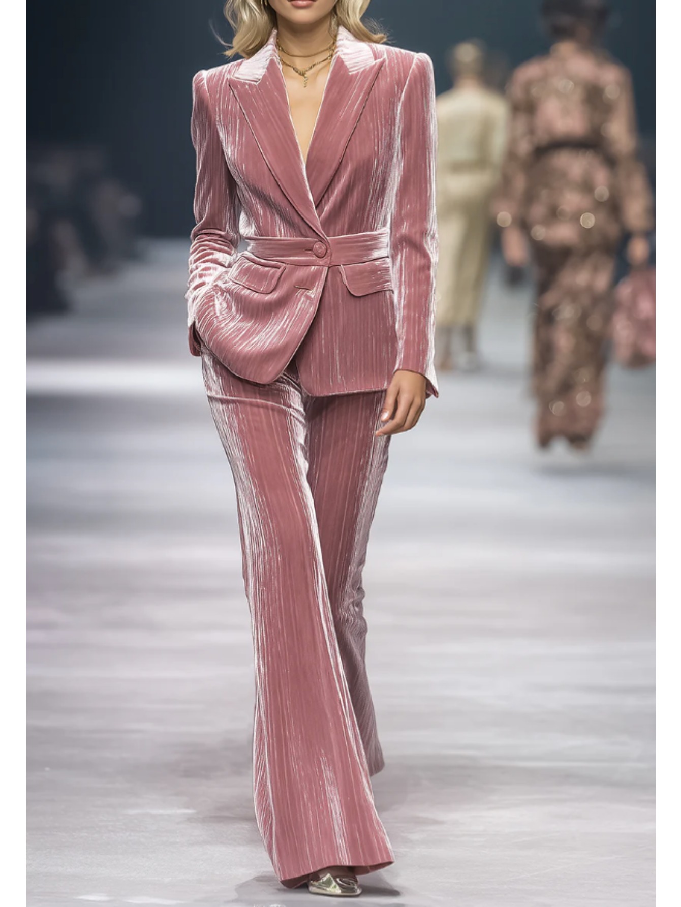 Women'S Blazer Collar Velvet Set - Pink Shiny Texture Luxury Elegant Outfit, Structured Lapel Collar & Button Front Closure, Warm Winter Coat & Matching Pants for Parties, Social Events & Casual Attire, Versatile Fall/Winter Fashion Ensemble