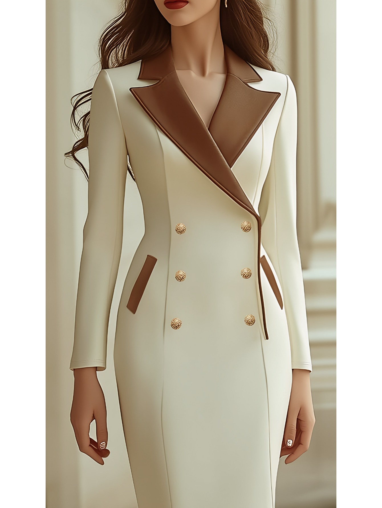 Women'S Cream-Colored Double-Breasted Mid-Length Dress with Contrasting Collar & Color-Blocking - Retro-Chic Structured Fit, Tailored Office Workwear & Casual Outfits, Fall/Winter Versatile Dress for Professional & Casual Attire, Elegant Pants-Free - Image 2