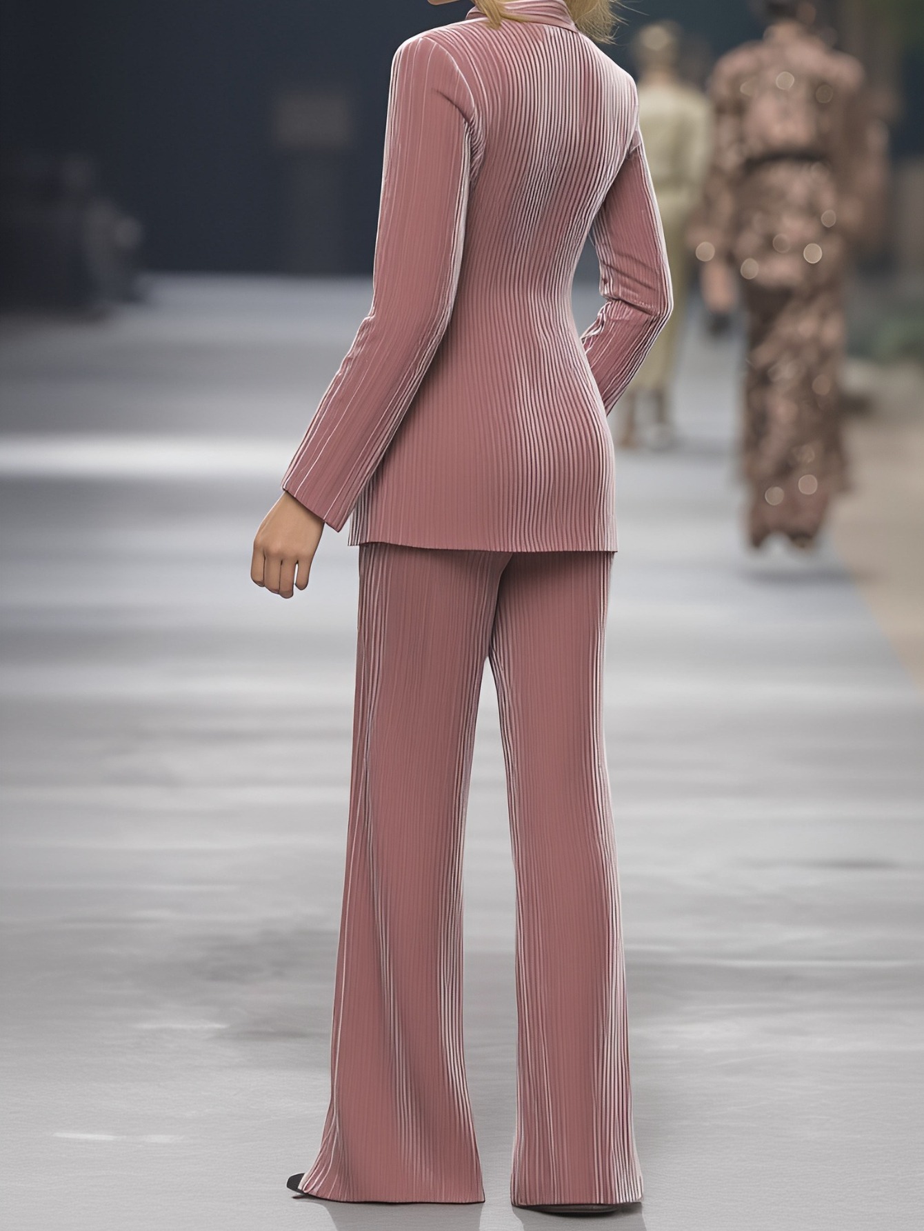 Women'S Blazer Collar Velvet Set - Pink Shiny Texture Luxury Elegant Outfit, Structured Lapel Collar & Button Front Closure, Warm Winter Coat & Matching Pants for Parties, Social Events & Casual Attire, Versatile Fall/Winter Fashion Ensemble - Image 2