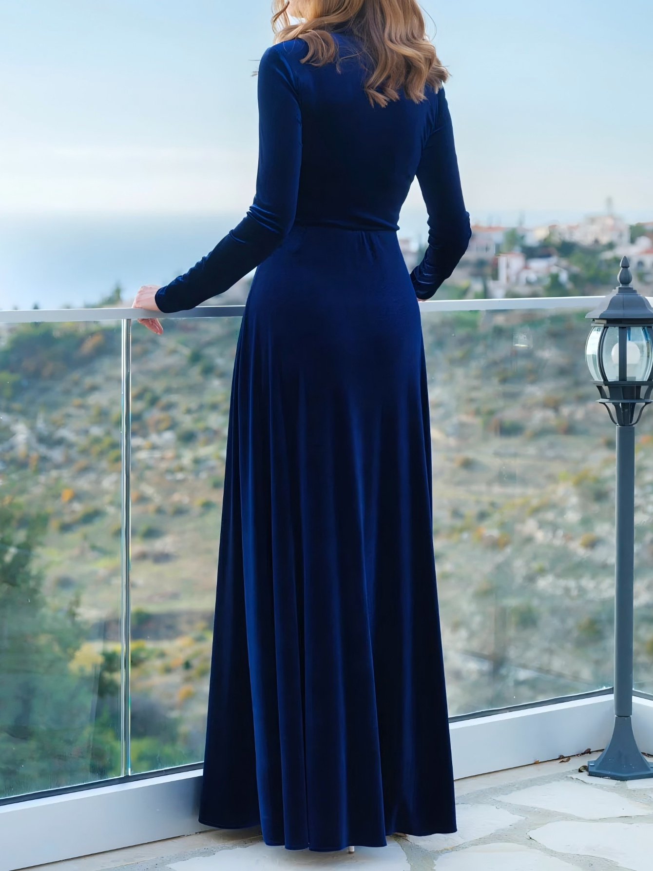 Women'S Elegant Dark Blue Dress - Long Sleeve Formal party, Slim Fit Evening gown, Chic Office to Dinner Outfit - Warm Winter Dresses for Women - Sophisticated Formal Attire, Date Night Outfit, High Neckline, Cozy Fashion, Stylish Gown, Fashion Lovers - Image 3