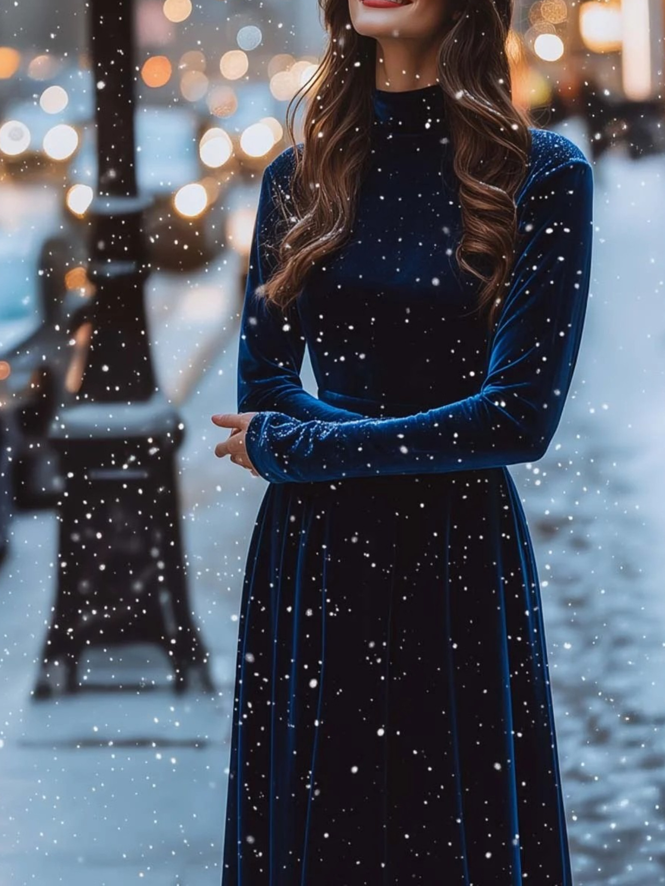 Women'S Elegant Dark Blue Dress - Long Sleeve Formal party, Slim Fit Evening gown, Chic Office to Dinner Outfit - Warm Winter Dresses for Women - Sophisticated Formal Attire, Date Night Outfit, High Neckline, Cozy Fashion, Stylish Gown, Fashion Lovers - Image 4