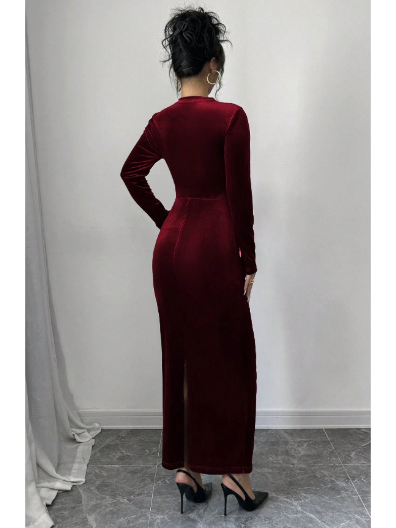 Women's Burgundy Dress - High-Neck Long Formal Gown with A-Line Silhouette & -Length Hem, Machine Washable Winter Party Wedding Banquet Dress, Fitted Winter Attire for Gala Events (No Stretch), Dresses For Winter Wedding Guest, Dress Gown For Chirstmas Party - Image 2