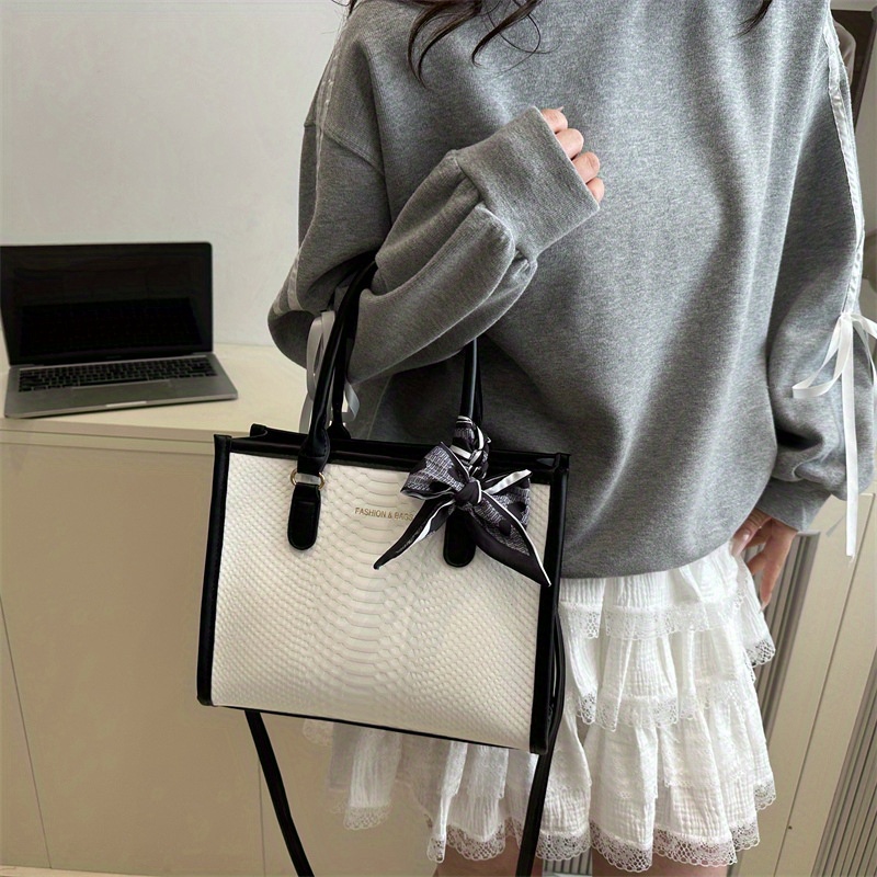 Women's Large Capacity Tote Bag - Multi-Color (Beige/Black/Red/Navy/Khaki) Convertible Crossbody/Handbag with Detachable Strap, Golden-Tone Hardware & White Bow-like Accent - Elegant, Commuting, Travel & Everyday Purse - Image 2