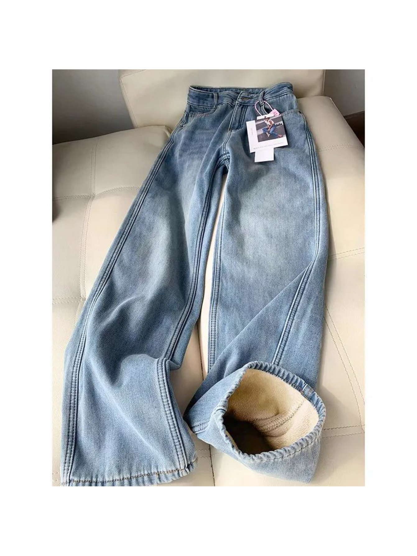 Women's -Lined Winter Wide-Leg Jeans Pants - Thickened Warm Light Blue Straight-Leg with Fit, Heavy-Duty Workwear for Casual & Professional Outfits, 2025 Autumn/Winter Season (Hand Wash/Dry Clean)