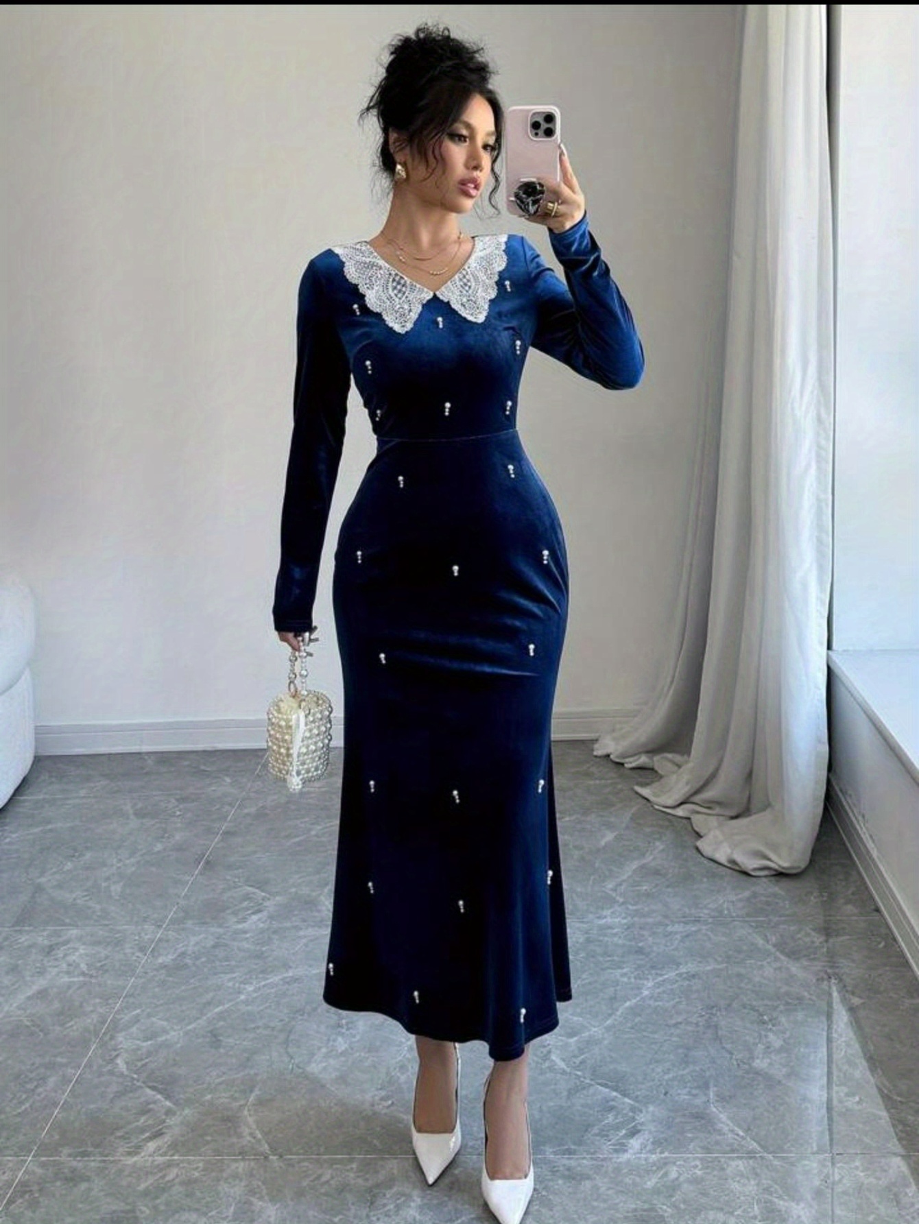 Women'S Elegant Navy Blue Velvet Dress - Spliced Lace Doll Neck with Pearl Embellishments, Long Slim Mermaid Skirt, Soft Glutinous Texture, Fitted Silhouette for Dinner Parties, Dates & Daily Wear, Spring/Summer Fashion, Date Night Outfit, Highquality Fabric, Stylish Women - Image 5