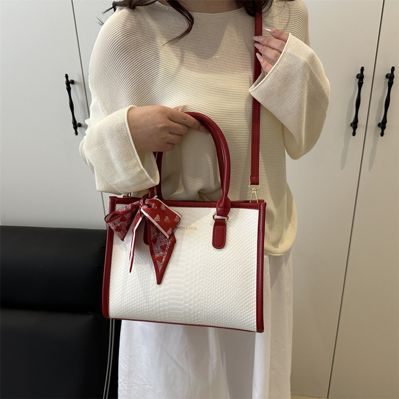 Women's Large Capacity Tote Bag - Multi-Color (Beige/Black/Red/Navy/Khaki) Convertible Crossbody/Handbag with Detachable Strap, Golden-Tone Hardware & White Bow-like Accent - Elegant, Commuting, Travel & Everyday Purse - Image 4