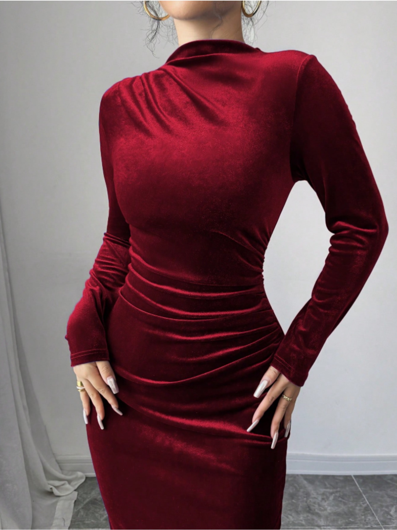Women's Burgundy Dress - High-Neck Long Formal Gown with A-Line Silhouette & -Length Hem, Machine Washable Winter Party Wedding Banquet Dress, Fitted Winter Attire for Gala Events (No Stretch), Dresses For Winter Wedding Guest, Dress Gown For Chirstmas Party - Image 3