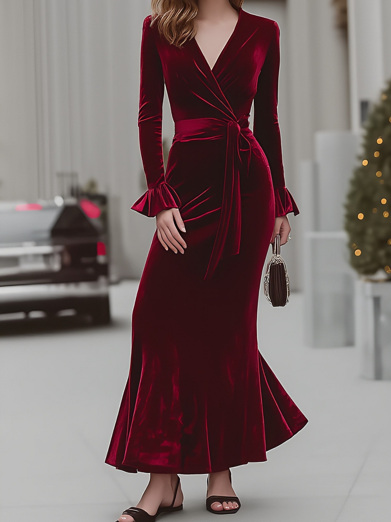 Women's Burgundy Wrap Dress - Mermaid Hem with Tie Waist & Poinsettia-Like Collar, Fitted Winter Wedding Guest Gown, Prom Party Evening Dress (Hand Washable) for Gala & Special Occasions - Image 2