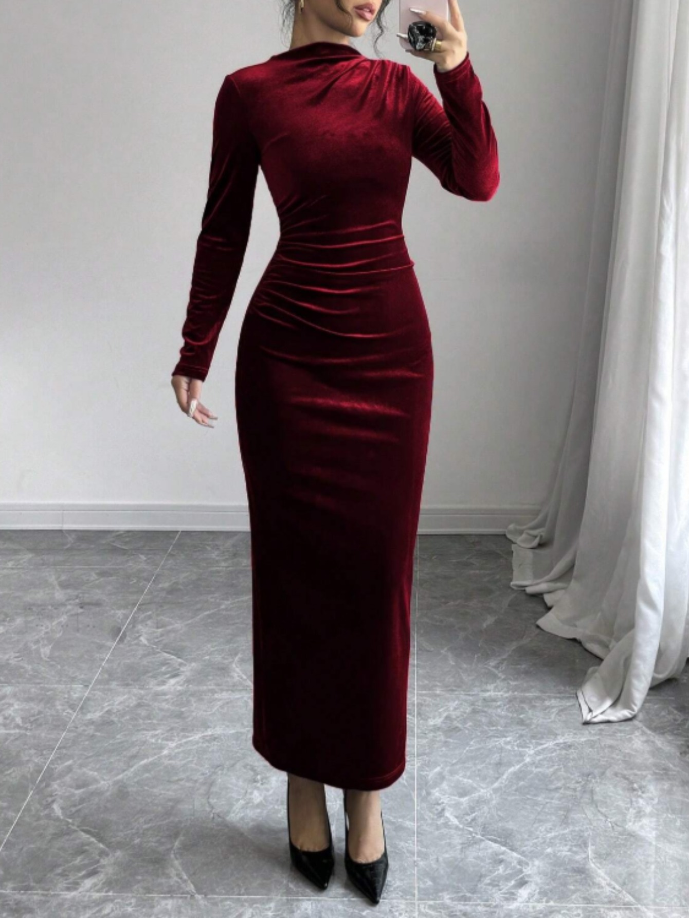 Women's Burgundy Dress - High-Neck Long Formal Gown with A-Line Silhouette & -Length Hem, Machine Washable Winter Party Wedding Banquet Dress, Fitted Winter Attire for Gala Events (No Stretch), Dresses For Winter Wedding Guest, Dress Gown For Chirstmas Party