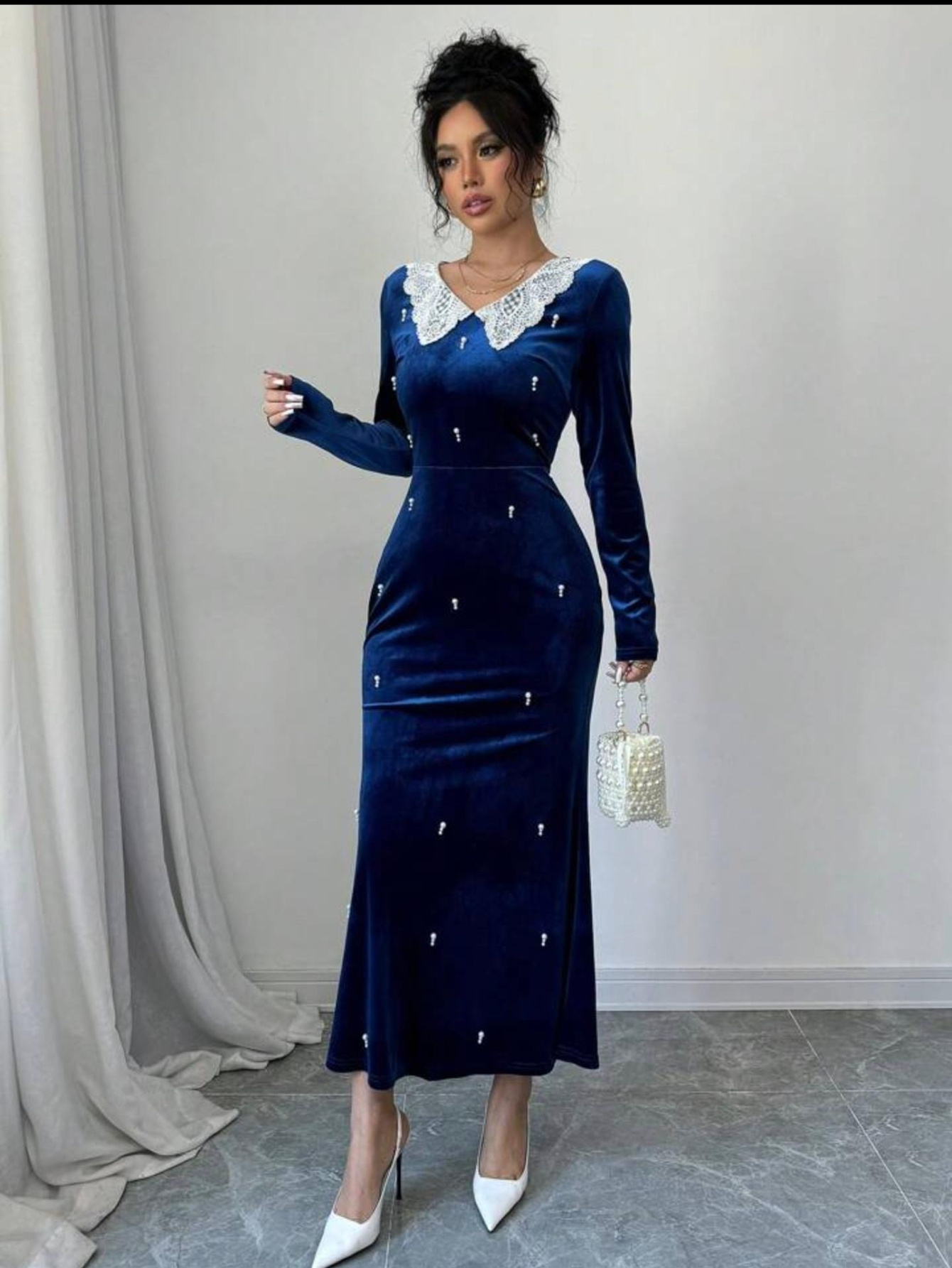 Women'S Elegant Navy Blue Velvet Dress - Spliced Lace Doll Neck with Pearl Embellishments, Long Slim Mermaid Skirt, Soft Glutinous Texture, Fitted Silhouette for Dinner Parties, Dates & Daily Wear, Spring/Summer Fashion, Date Night Outfit, Highquality Fabric, Stylish Women