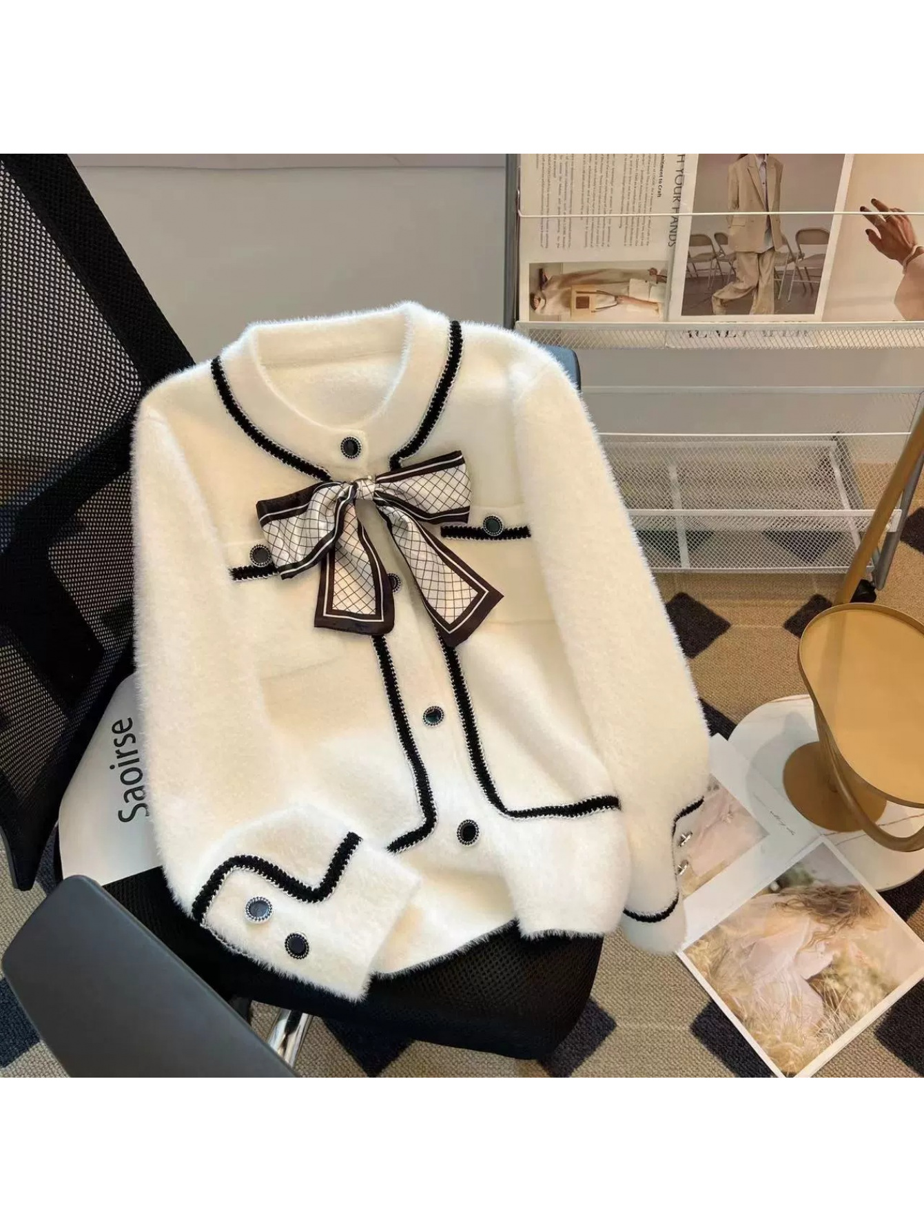 's Elegant Winter Cardigan Sweater - Soft Fluffy Mink-Like Jacket with Bow Collar & Collar, Long Sleeve Coat for Fall/Winter, Luxurious A-Line Mink Imitation (Hand Wash/Dry Clean) - Chic Office to Party Outerwear