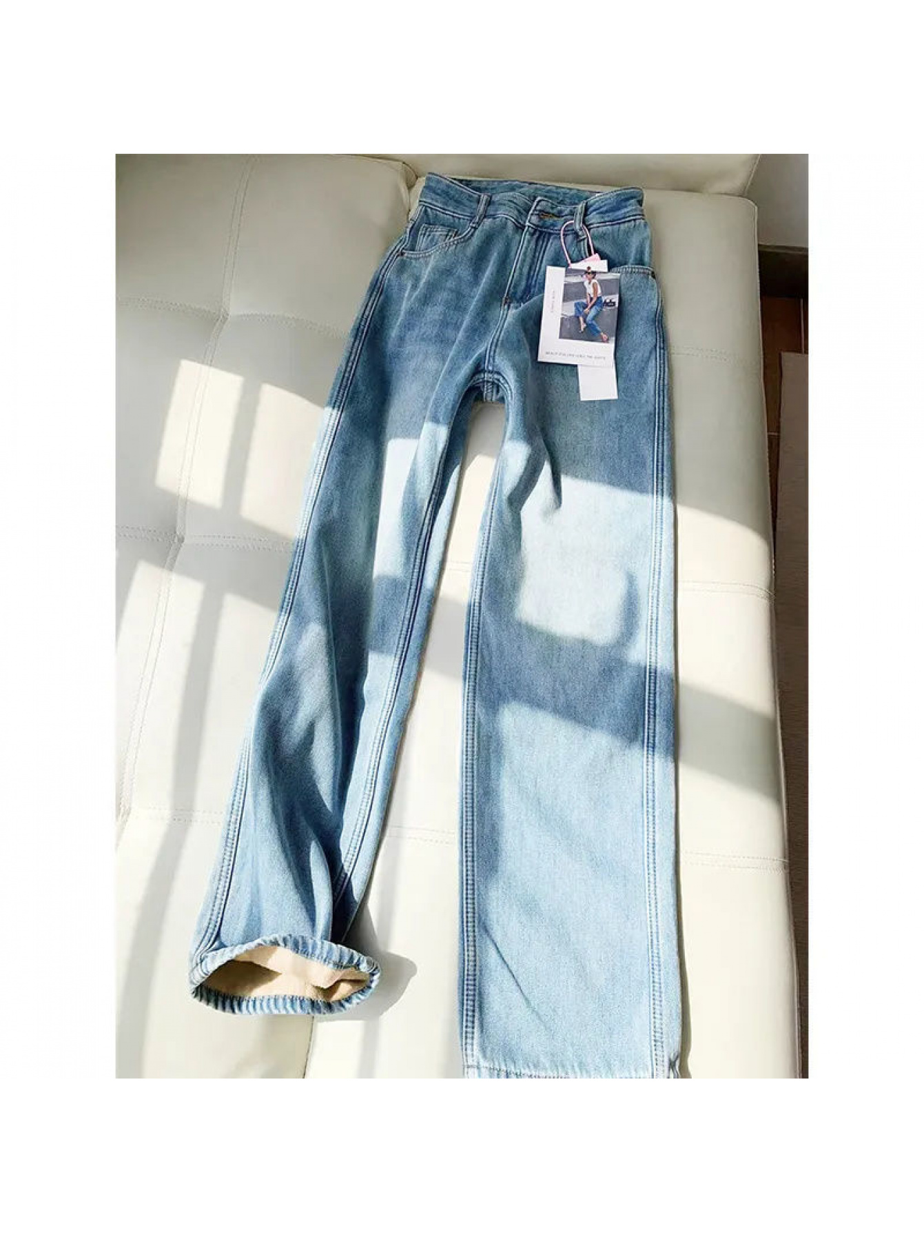 Women's -Lined Winter Wide-Leg Jeans Pants - Thickened Warm Light Blue Straight-Leg with Fit, Heavy-Duty Workwear for Casual & Professional Outfits, 2025 Autumn/Winter Season (Hand Wash/Dry Clean) - Image 2