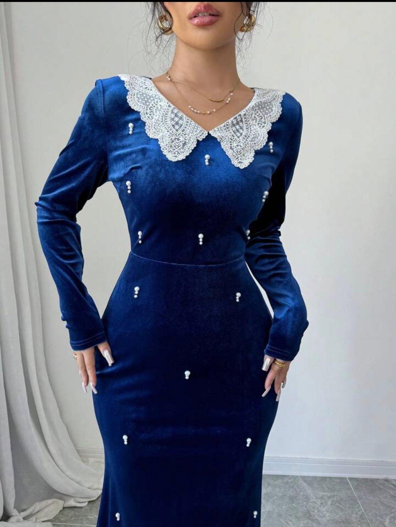 Women'S Elegant Navy Blue Velvet Dress - Spliced Lace Doll Neck with Pearl Embellishments, Long Slim Mermaid Skirt, Soft Glutinous Texture, Fitted Silhouette for Dinner Parties, Dates & Daily Wear, Spring/Summer Fashion, Date Night Outfit, Highquality Fabric, Stylish Women - Image 6