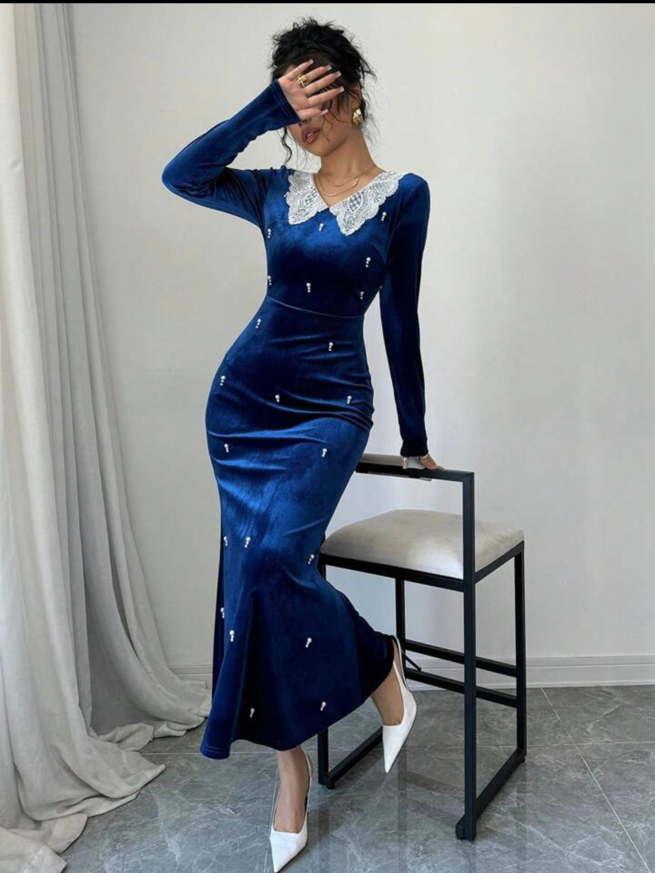 Women'S Elegant Navy Blue Velvet Dress - Spliced Lace Doll Neck with Pearl Embellishments, Long Slim Mermaid Skirt, Soft Glutinous Texture, Fitted Silhouette for Dinner Parties, Dates & Daily Wear, Spring/Summer Fashion, Date Night Outfit, Highquality Fabric, Stylish Women - Image 2
