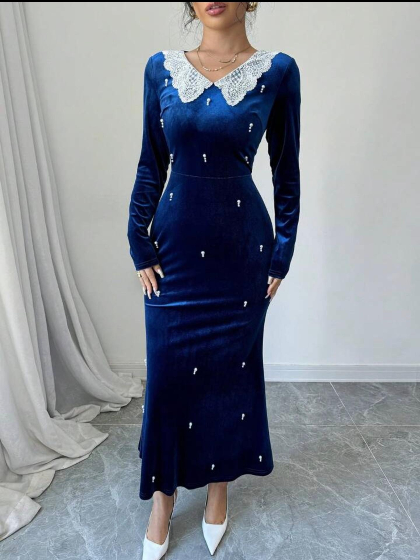 Women'S Elegant Navy Blue Velvet Dress - Spliced Lace Doll Neck with Pearl Embellishments, Long Slim Mermaid Skirt, Soft Glutinous Texture, Fitted Silhouette for Dinner Parties, Dates & Daily Wear, Spring/Summer Fashion, Date Night Outfit, Highquality Fabric, Stylish Women - Image 3