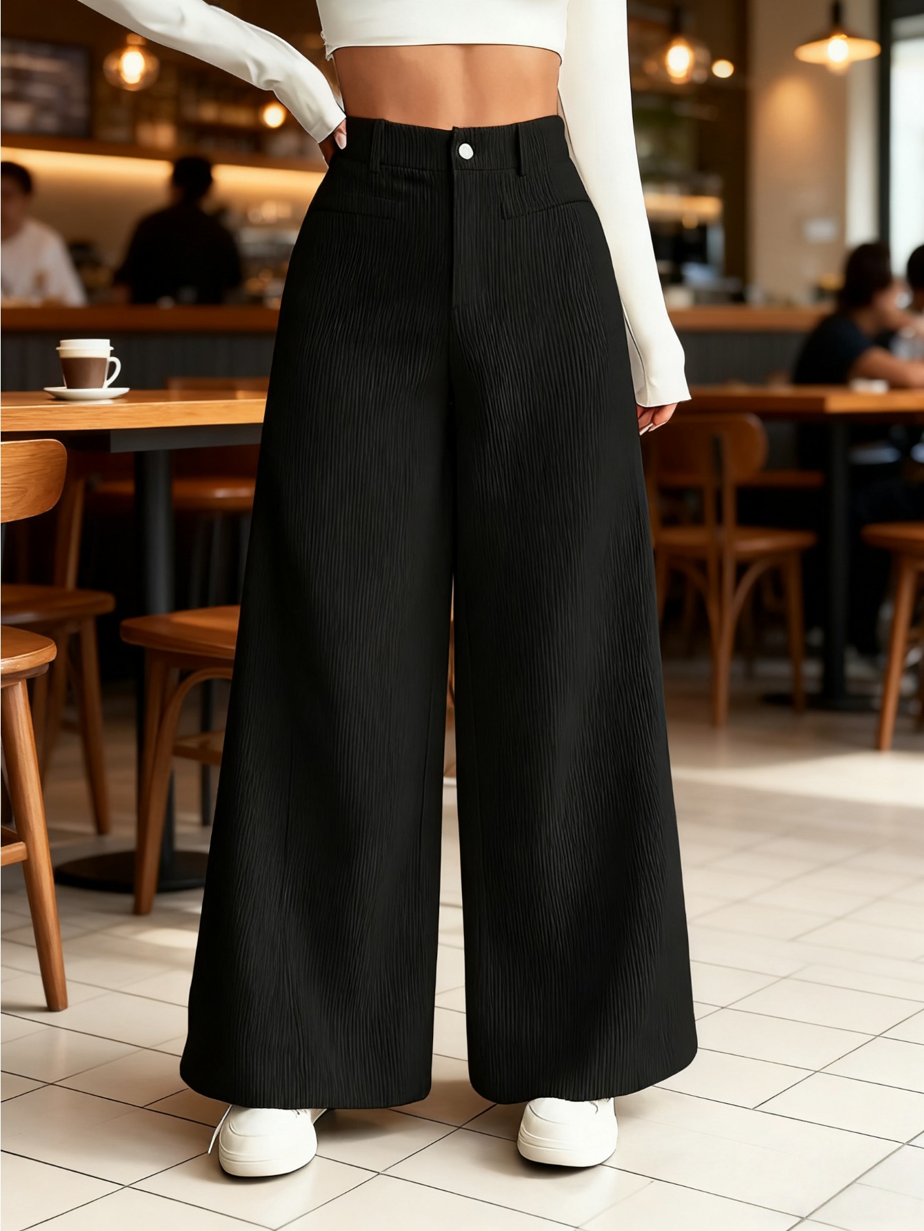 1 Women's High-Waisted Wide-Leg Pants for Autumn/Winter - S-XXL, Corduroy Texture Casual Long Pants with Side Pockets, All-Season Comfort, Machine Washable Beige Trousers - Image 3
