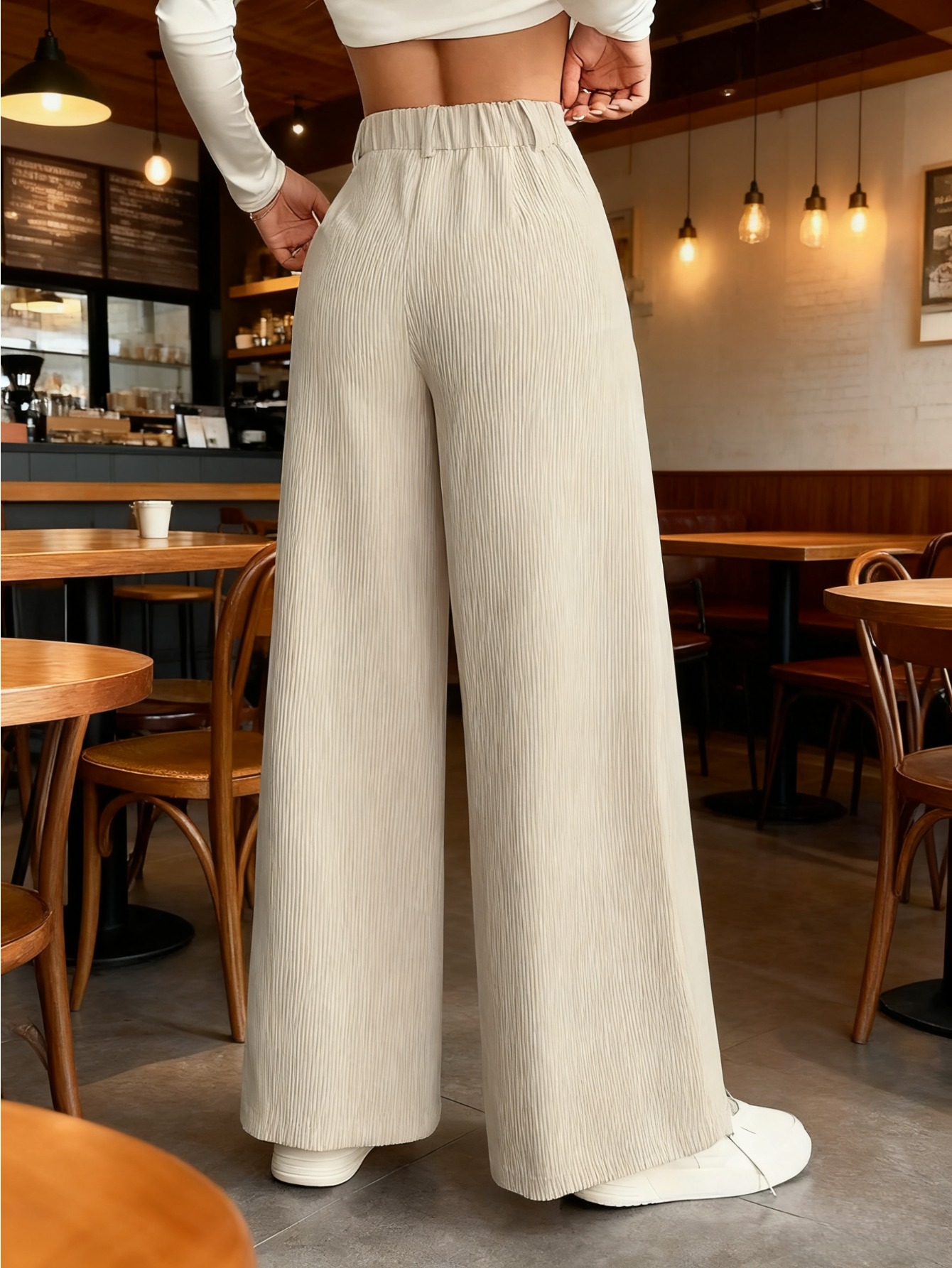 1 Women's High-Waisted Wide-Leg Pants for Autumn/Winter - S-XXL, Corduroy Texture Casual Long Pants with Side Pockets, All-Season Comfort, Machine Washable Beige Trousers - Image 5