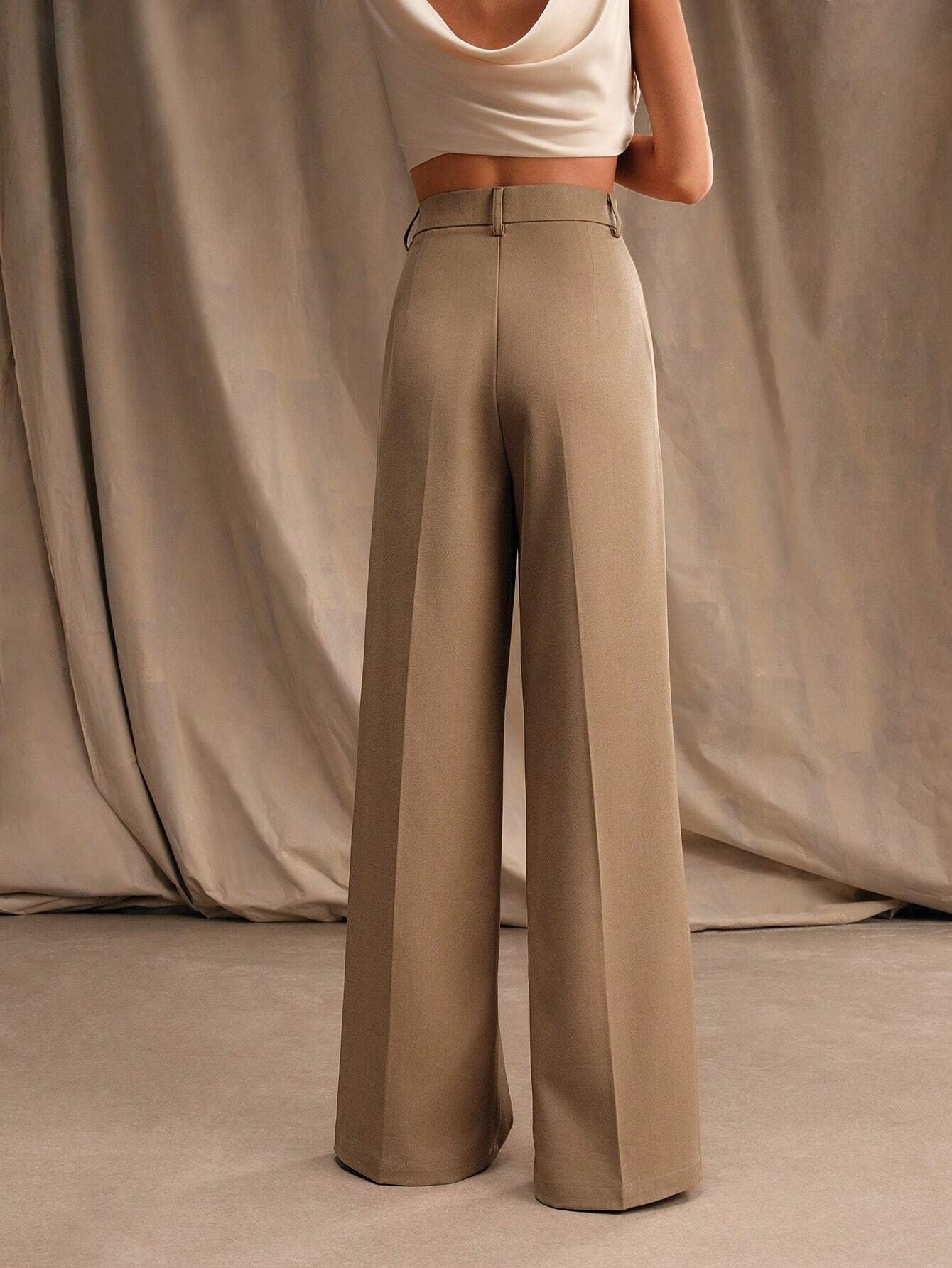 Women's Khaki Houndstooth Wide-Leg Pants - High-Waisted Trousers with Pockets, Elegant Structured Belt (No Elastic), Hand Washable Winter Trousers for Casual & Formal Wear, Office, Parties - Beige Trousers - Image 3