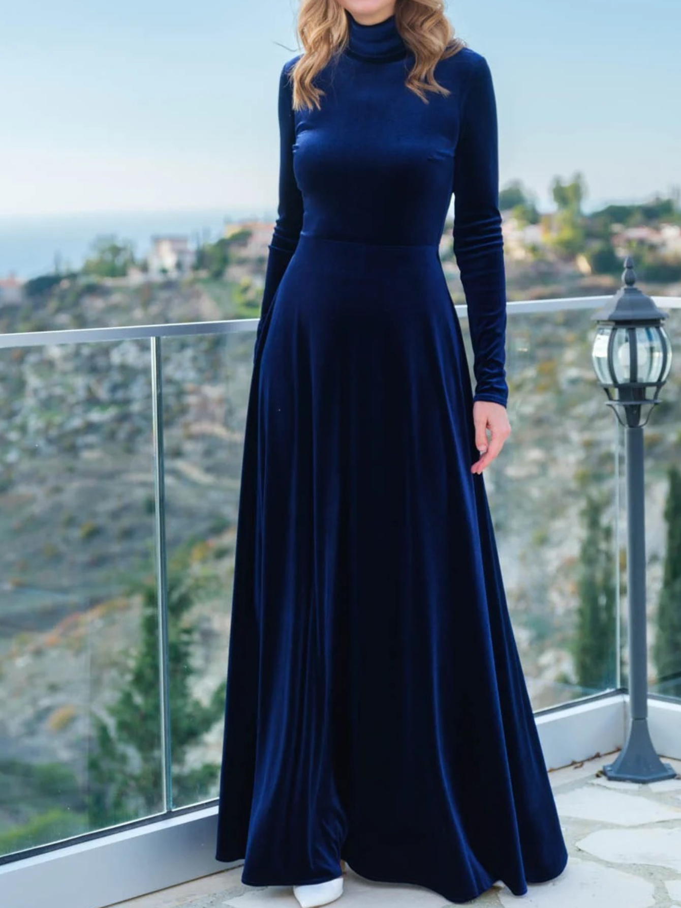 Women'S Elegant Dark Blue Dress - Long Sleeve Formal party, Slim Fit Evening gown, Chic Office to Dinner Outfit - Warm Winter Dresses for Women - Sophisticated Formal Attire, Date Night Outfit, High Neckline, Cozy Fashion, Stylish Gown, Fashion Lovers - Image 2