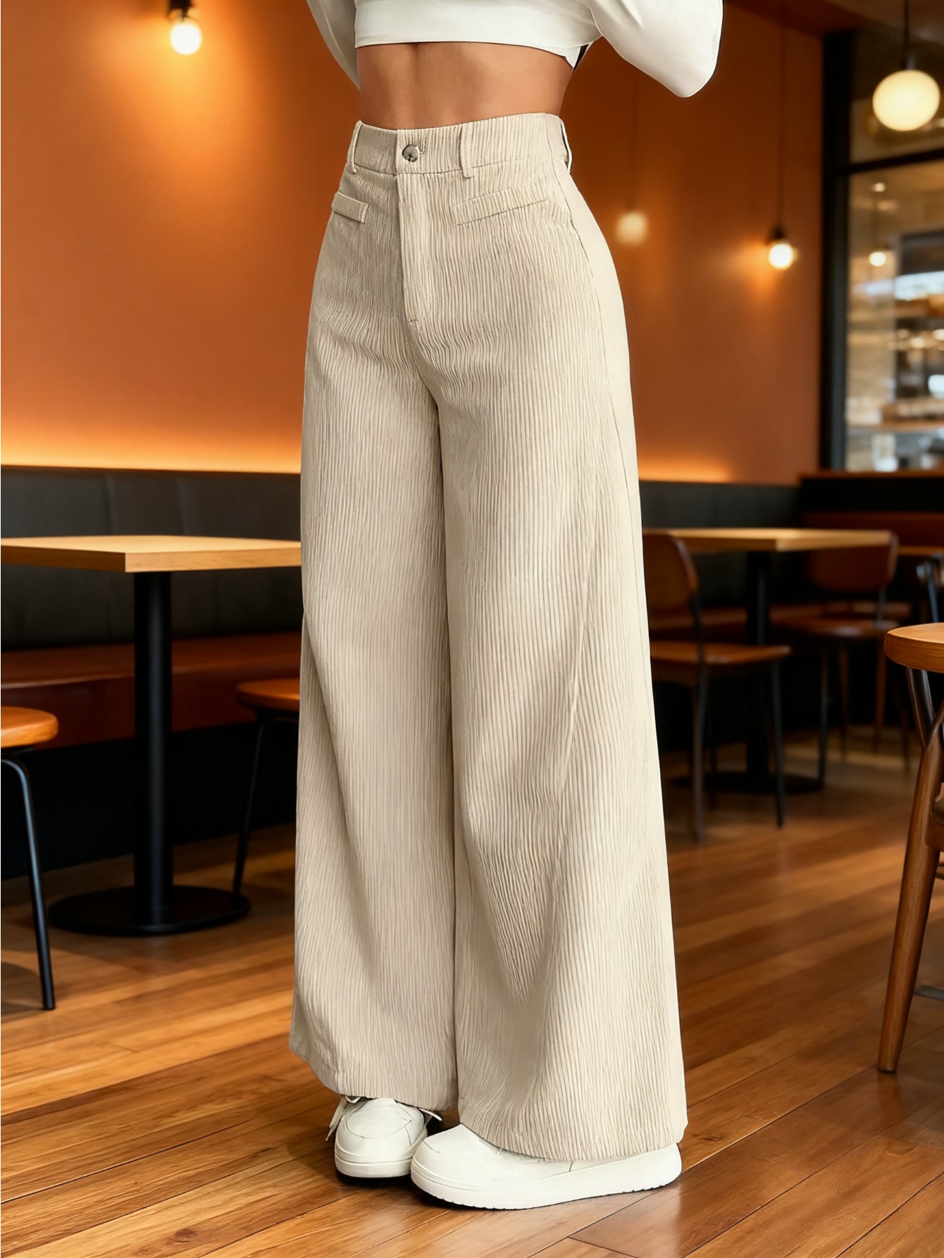 1 Women's High-Waisted Wide-Leg Pants for Autumn/Winter - S-XXL, Corduroy Texture Casual Long Pants with Side Pockets, All-Season Comfort, Machine Washable Beige Trousers - Image 8