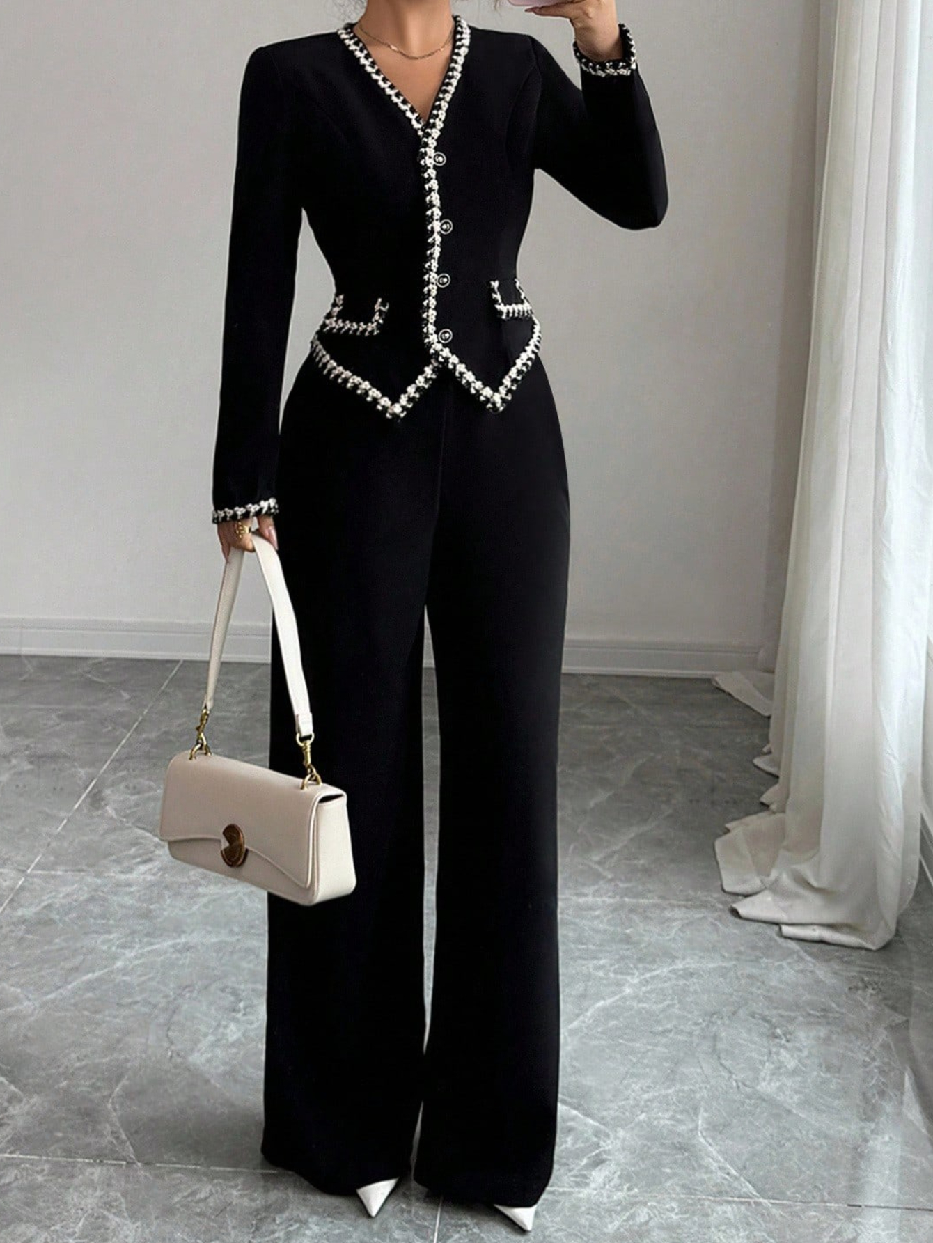 Women'S Elegant Black Two-Piece Set - Structured Waistcoat & Wide-Leg Pants Outfit, Button Front Closure, Formal to Casual Chic Ensemble for Office, Parties, Everyday - Fall/Winter Women'S Clothing, Office Attire, Party Outfit, Sophisticated Look