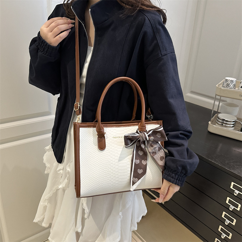 Women's Large Capacity Tote Bag - Multi-Color (Beige/Black/Red/Navy/Khaki) Convertible Crossbody/Handbag with Detachable Strap, Golden-Tone Hardware & White Bow-like Accent - Elegant, Commuting, Travel & Everyday Purse - Image 3