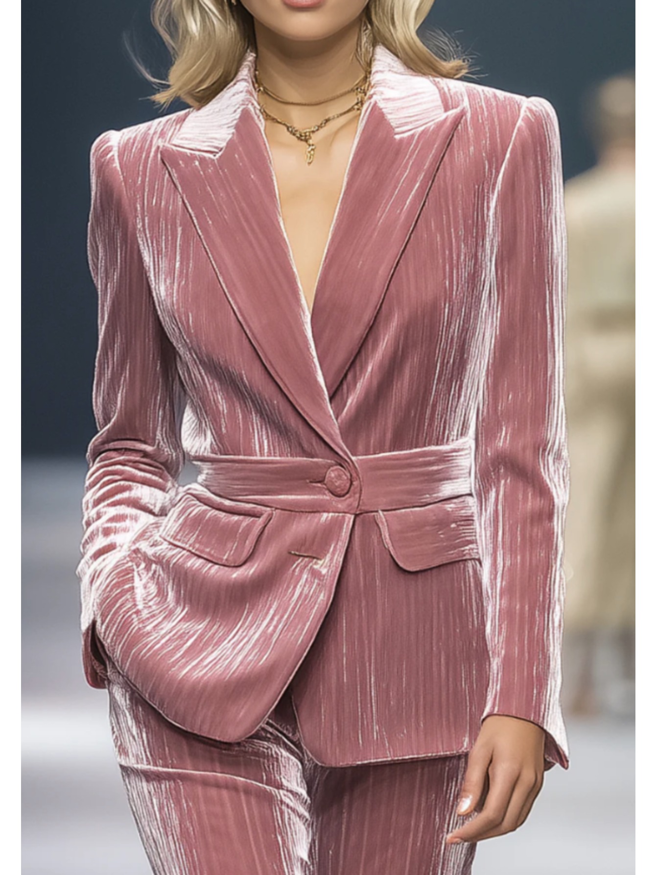 Women'S Blazer Collar Velvet Set - Pink Shiny Texture Luxury Elegant Outfit, Structured Lapel Collar & Button Front Closure, Warm Winter Coat & Matching Pants for Parties, Social Events & Casual Attire, Versatile Fall/Winter Fashion Ensemble - Image 3